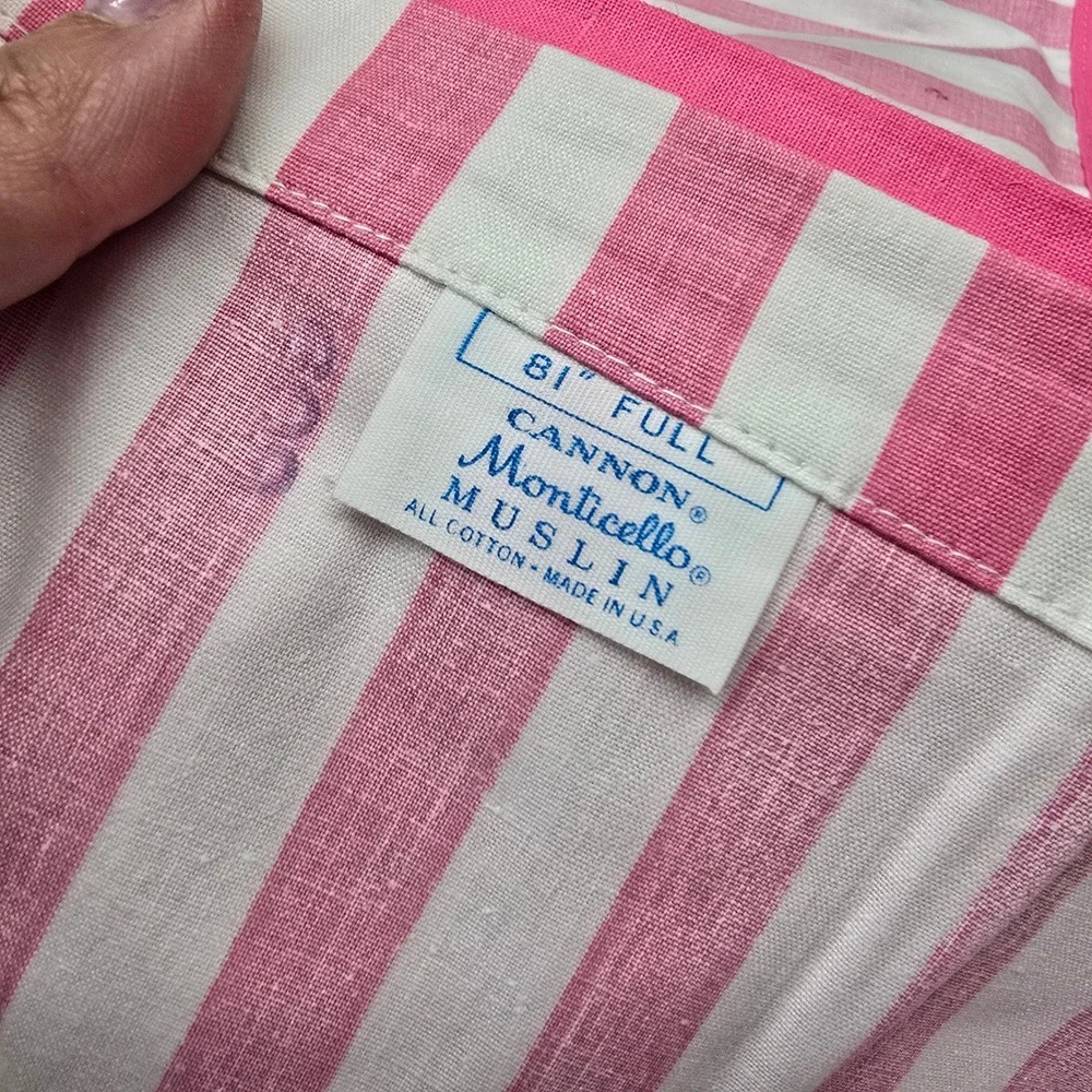 Vintage Cannon Pequot Pink Sheet Green Stripe Floral Pair Pillowcases Cottage